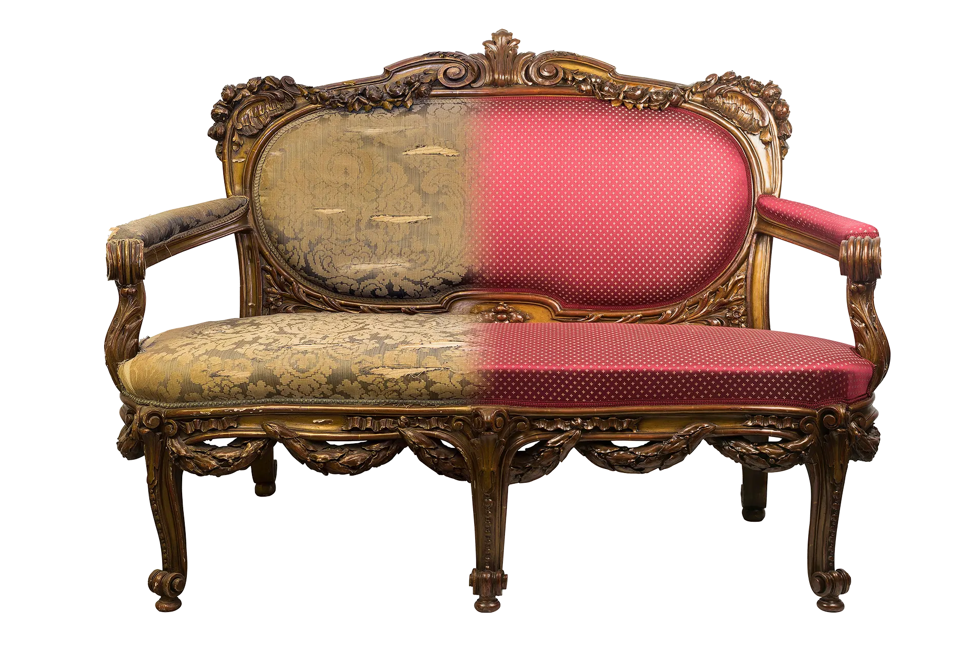 An ornate settee showing worn upholstery alongside refreshed red upholstery