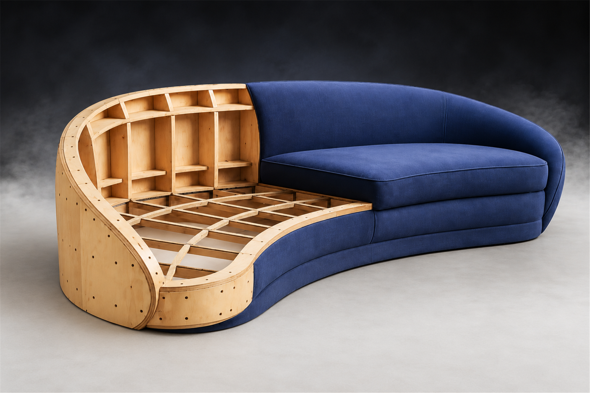 Navy blue sofa showing exposed wooden framing alongside finished upholstery